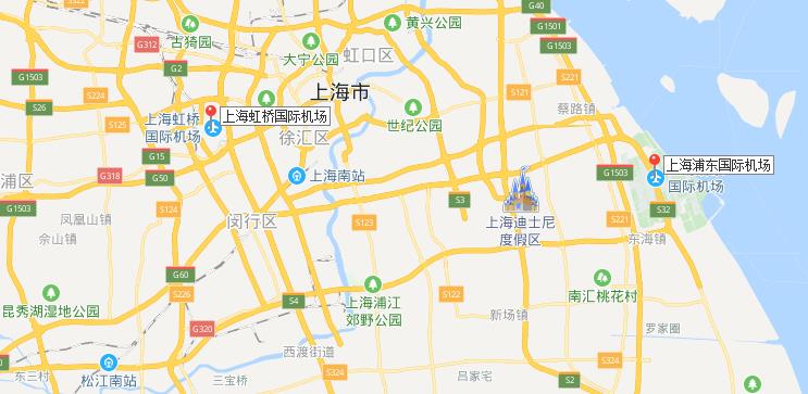 上海虹桥国际机场与上海浦东国际机场位置图